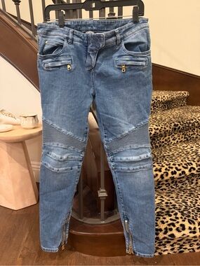BALMAIN Blue Moto-Style Women's Jeans with Zipper Accents, Size 44 (8 US)